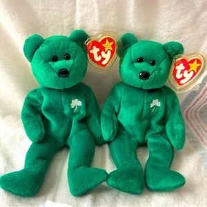 RETIRED TY BEANIE BABY Set Of 2 “ERIN” IRISH CLOVER ST PATRICK DAY TEDDY BEAR 8"